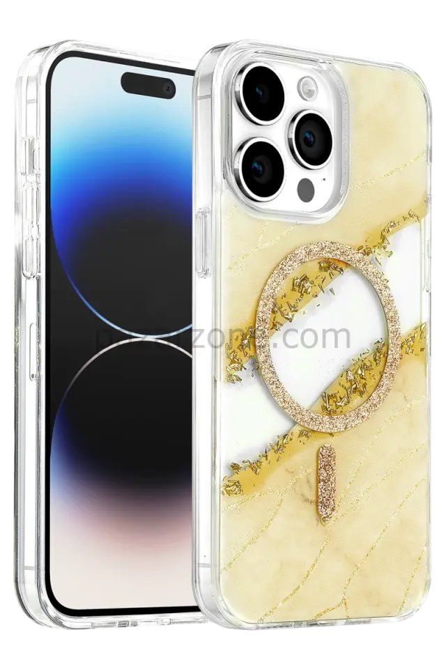 Onegif Apple iPhone 14 Pro Max Lotus Simli Magsafe Kapak - Gümüş