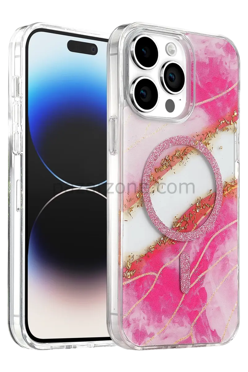 Onegif Apple iPhone 14 Pro Max Lotus Simli Magsafe Kapak - Pembe