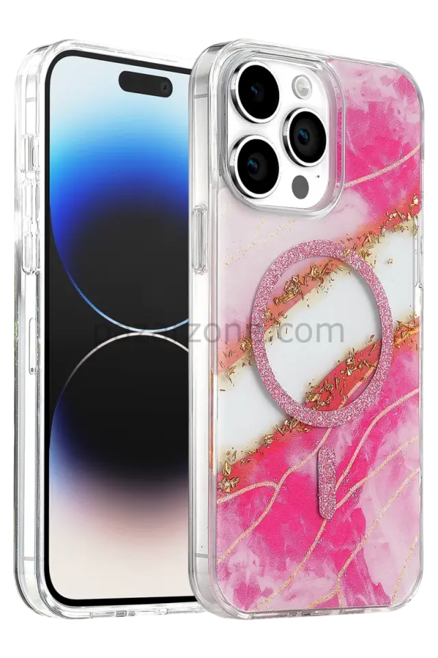 Onegif Apple iPhone 14 Pro Max Lotus Simli Magsafe Kapak - Pembe