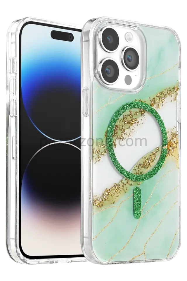 Onegif Apple iPhone 14 Pro Max Lotus Simli Magsafe Kapak - Yeşil