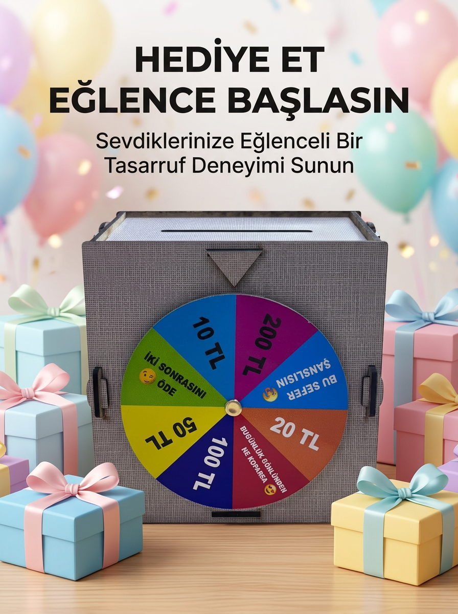 Renkli Şans Çarklı Para Biriktirme Oyunu Eğlenceli Tasarruf Kutusu Ahşap Challenge Kumbarası