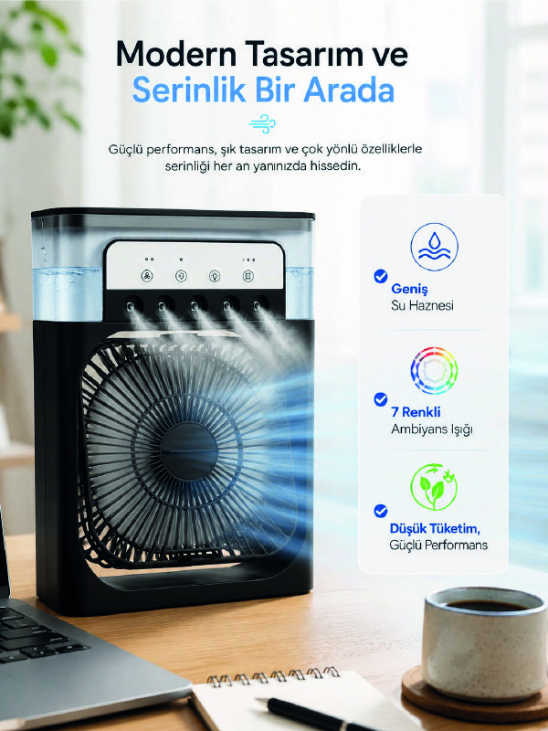 Masaüstü Püskürtmeli Serinletici Fan 5 Sisleme, 3 Fan Hızı, 7 Renk Ambiyans Işığı