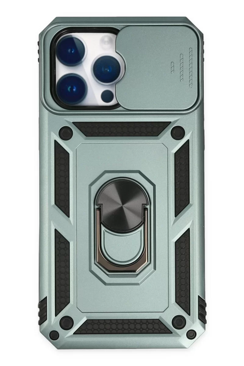 Newface Apple iPhone 14 Pro Kılıf Pars Lens Yüzüklü Silikon - Yeşil