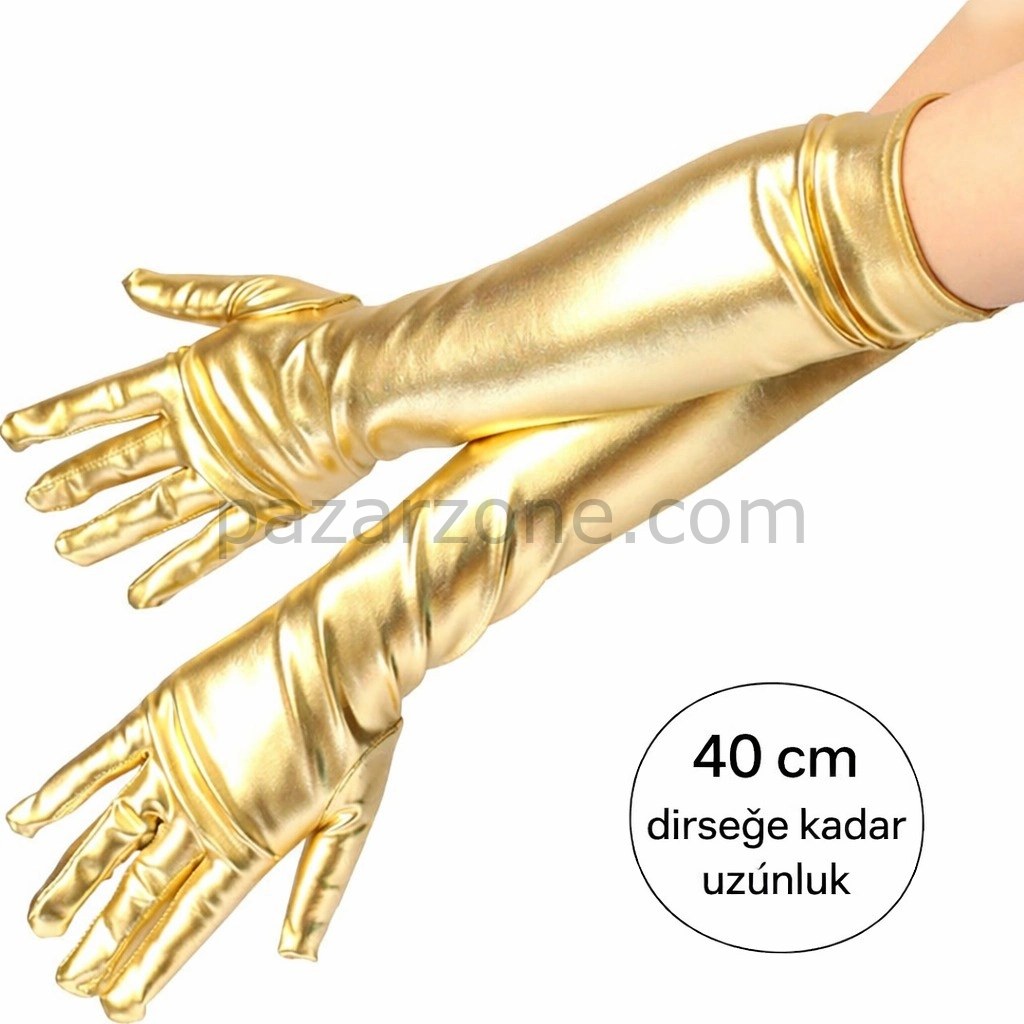 Altın Renk Dirsek Altı Lüks Saten Eldiven 40 Cm