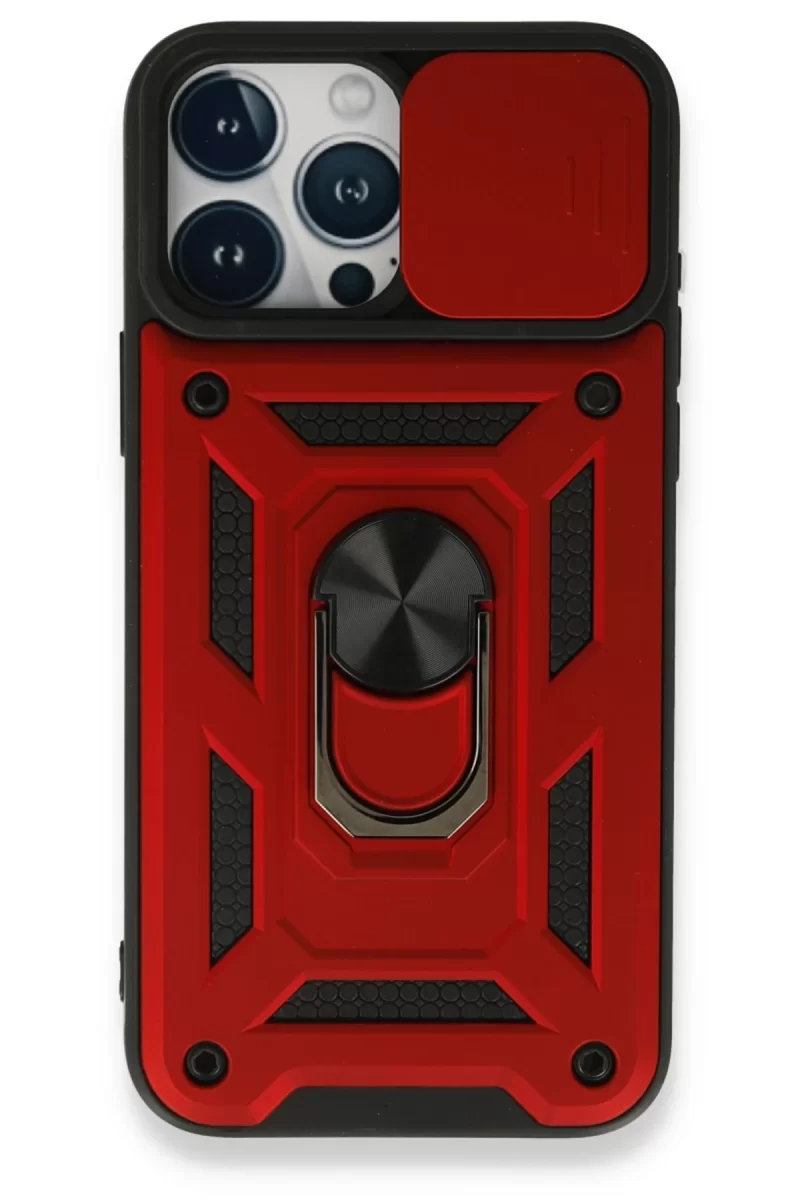 Newface Apple iPhone 15 Pro Max Kılıf Pars Lens Yüzüklü Silikon - Kırmızı