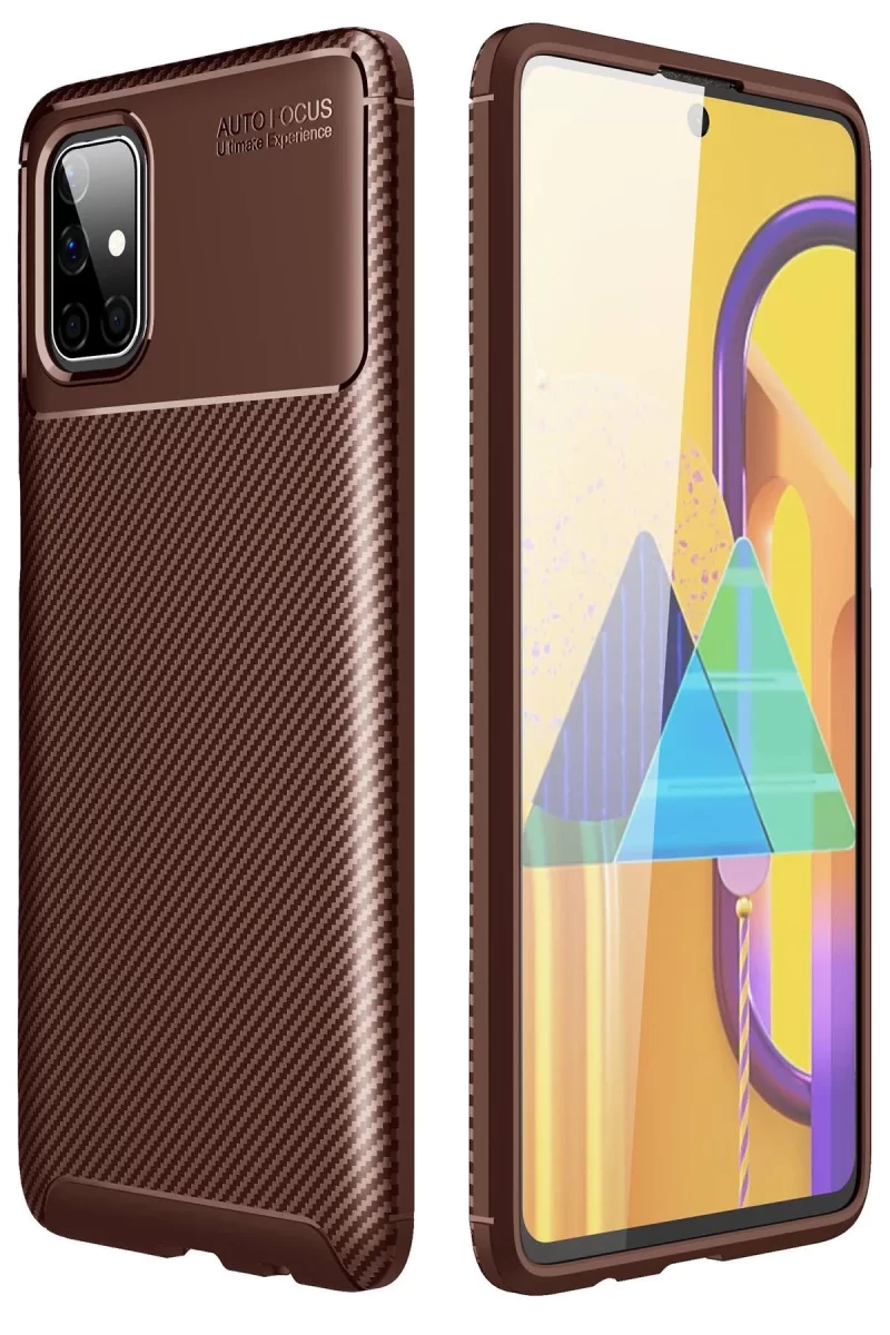 Newface Samsung Galaxy M51 Kılıf Auto Focus Karbon Kapak - Kahverengi