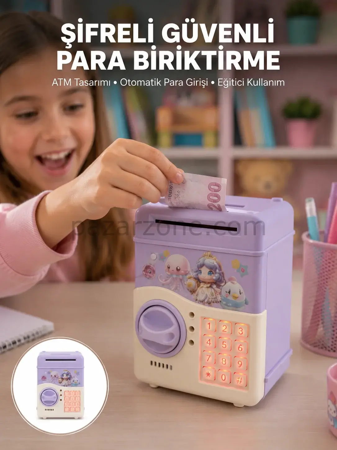 Çocuklar İçin Elektronik Şifreli Para Biriktirme Kumbarası Mor