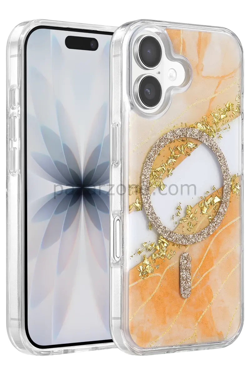 Onegif Apple iPhone 16 Lotus Simli Magsafe Kapak - Turuncu