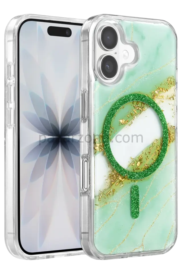 Onegif Apple iPhone 16 Lotus Simli Magsafe Kapak - Yeşil