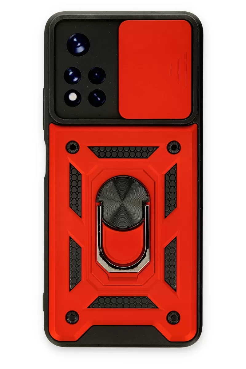 Newface Xiaomi Redmi Note 11T Kılıf Pars Lens Yüzüklü Silikon - Kırmızı