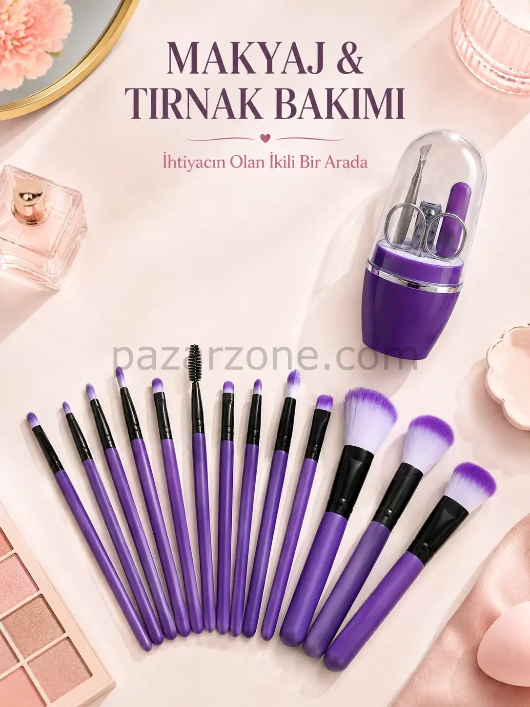 Makyaj ve Tırnak Bakım Seti 12’li Mor Makyaj Fırçaları Manikür Pedikür Seti Günlük Kişisel Bakım Paketi