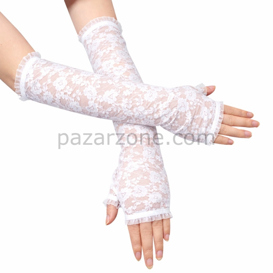 Uzun Zarif Dantel Eldiven Parmaksız Beyaz 35 Cm