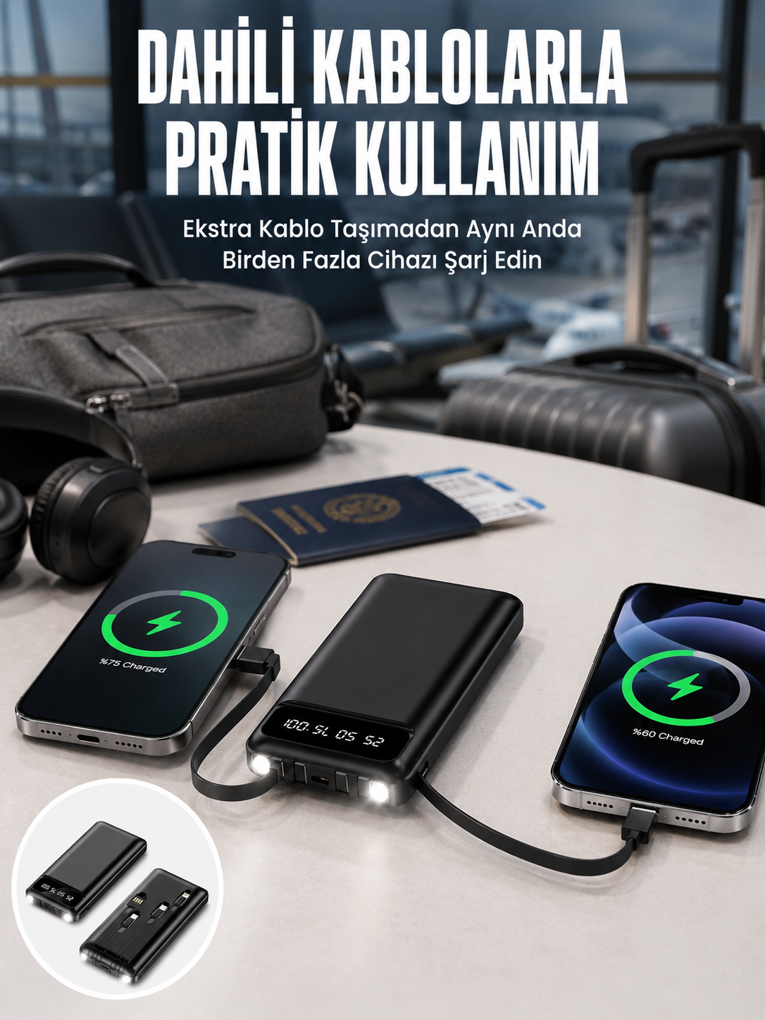 20.000 Mah Led Işıklı LCD Ekran USB Girişli Type-C Lightning Powerbank Yeni Nesil