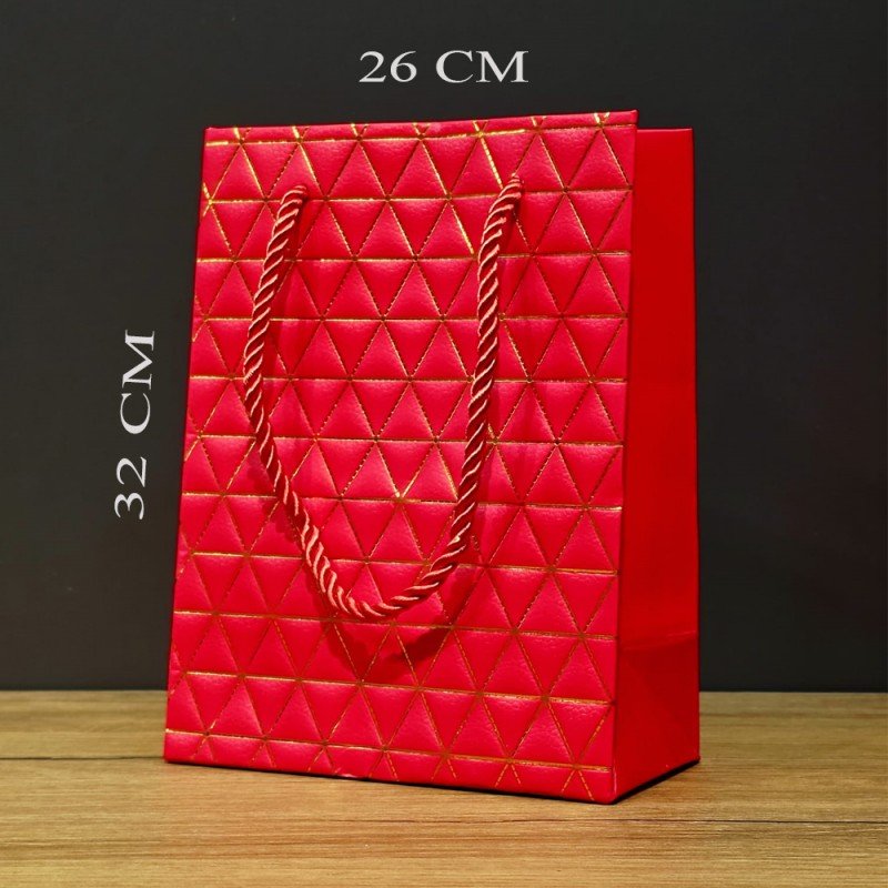 Kırmızı Geometrik Desenli Büyük Boy Karton Hediye Çantası