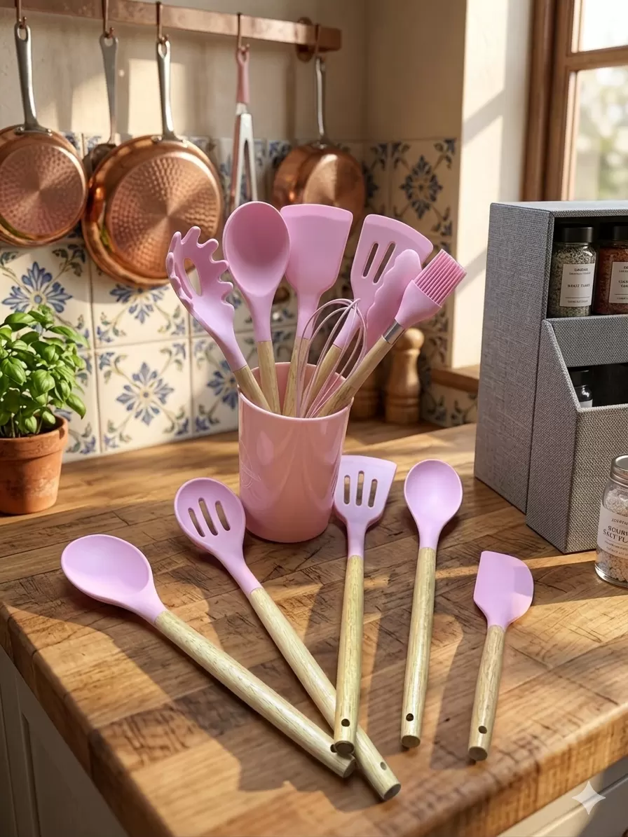 12 Parça Bambu Saplı Silikon Mutfak Gereçleri Seti - Pembe Mutfak Servis Seti