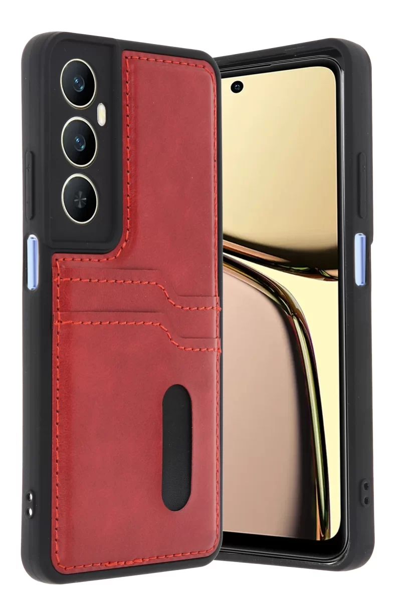 Newface Realme C65 Sara Kartvizitli Deri Kılıf - Kırmızı