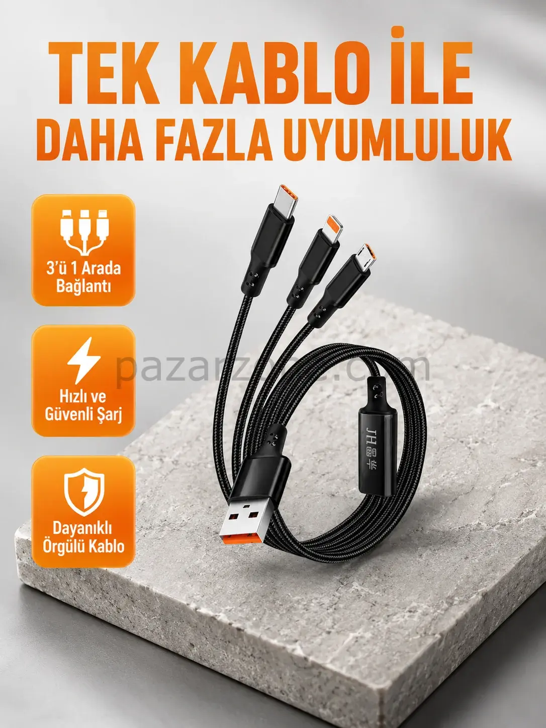 3’ü 1 Arada Şarj Kablosu Type-C iOS Android Uyumlu Hızlı ve Güvenli Şarj