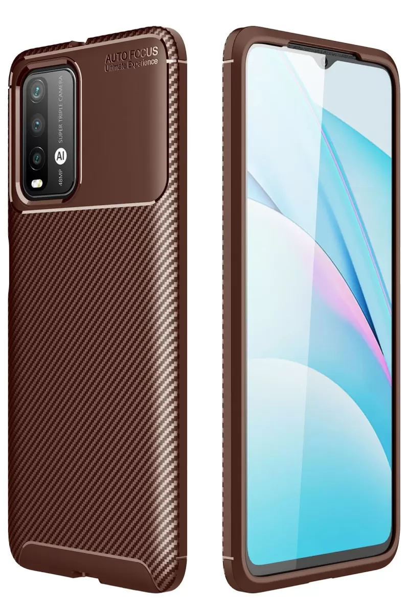 Newface Xiaomi Redmi 9T Kılıf Auto Focus Karbon Kapak - Kahverengi
