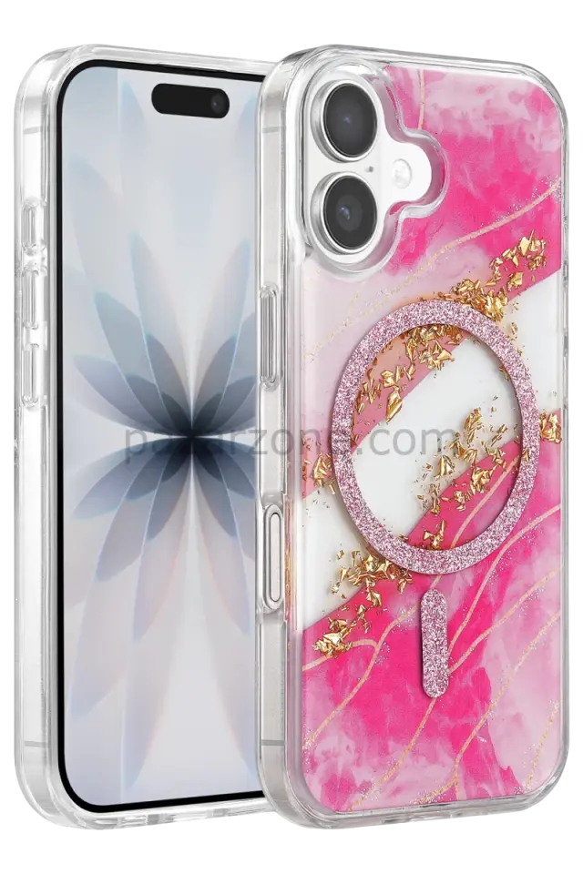 Onegif Apple iPhone 17 Lotus Simli Magsafe Kapak - Pembe
