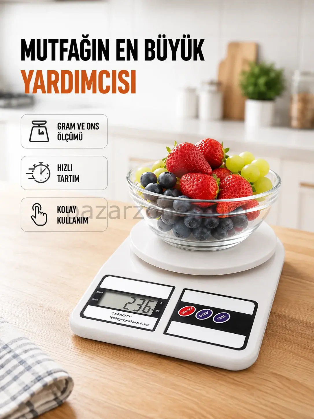 Beyaz Plastik Dijital Mutfak Tartısı – 24x16.8x1.5cm