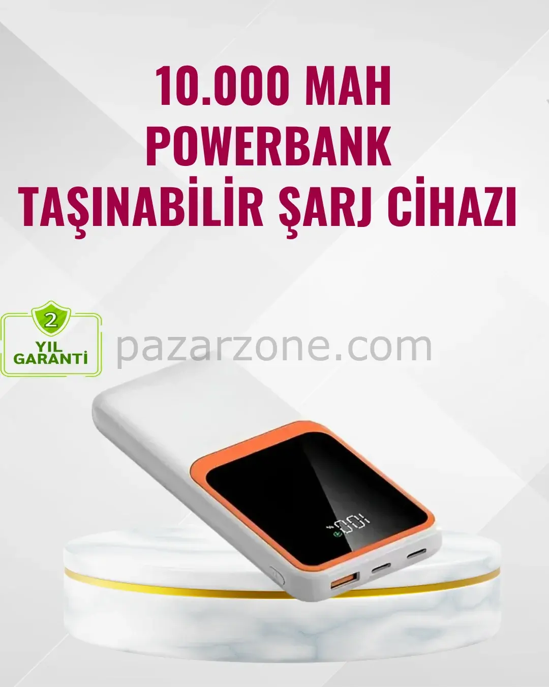 Powerbank 10000 mAh – Çift USB Çıkışlı, Type-C Girişli, Şık Beyaz Tasarım