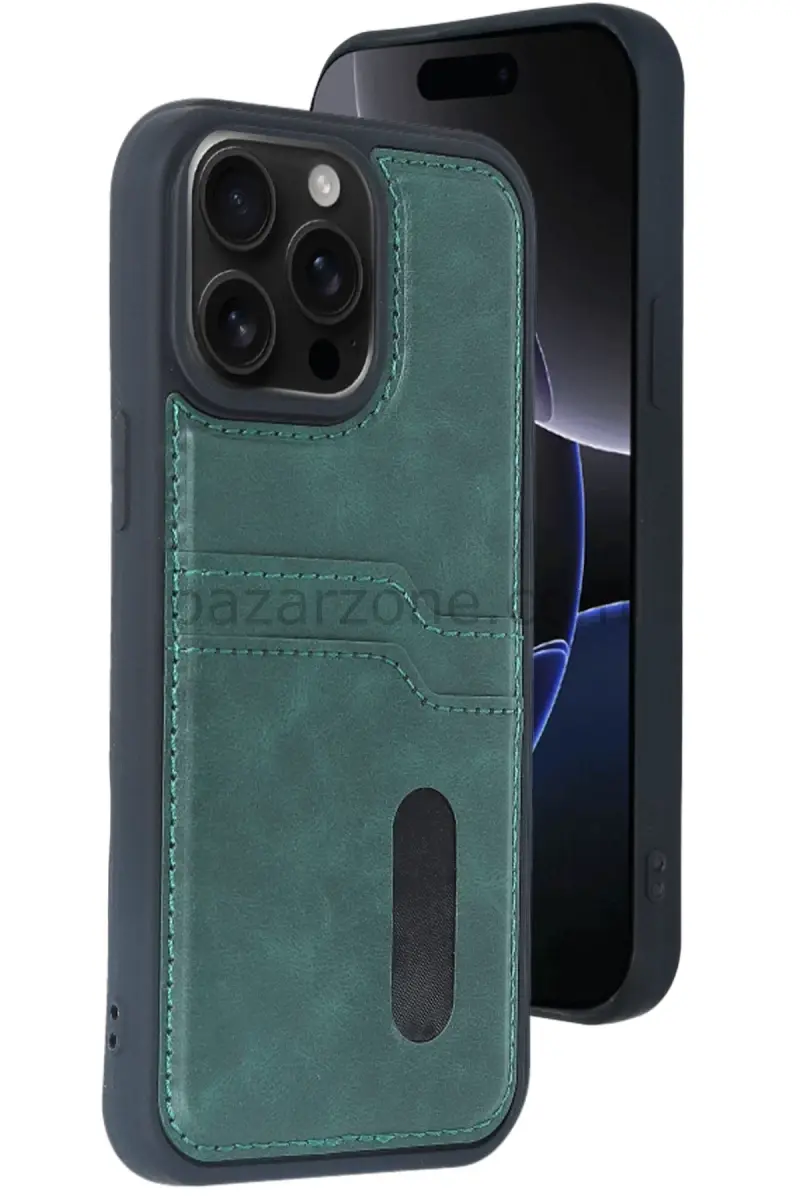 Newface Apple iPhone 15 Pro Max Kılıf Sara Kartvizitli Deri Kılıf - Koyu Yeşil