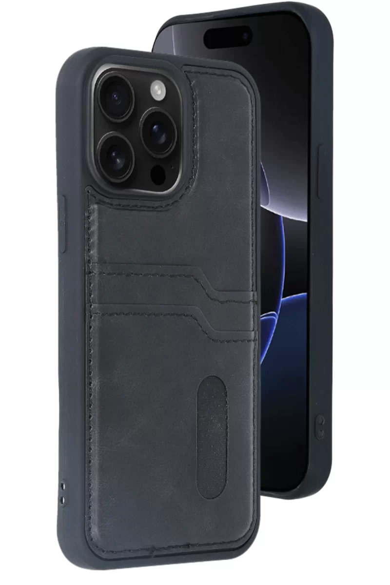 Newface Apple iPhone 15 Pro Max Kılıf Sara Kartvizitli Deri Kılıf - Siyah