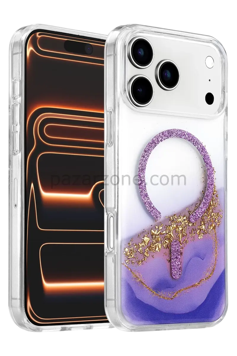 Onegif Apple iPhone 17 Pro Lotus Simli Magsafe Kapak - Mor