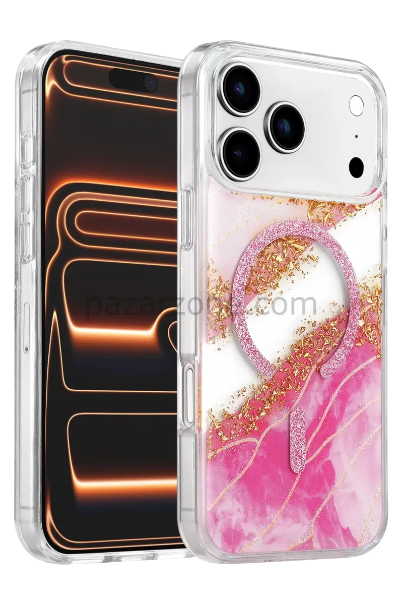 Onegif Apple iPhone 17 Pro Lotus Simli Magsafe Kapak - Pembe