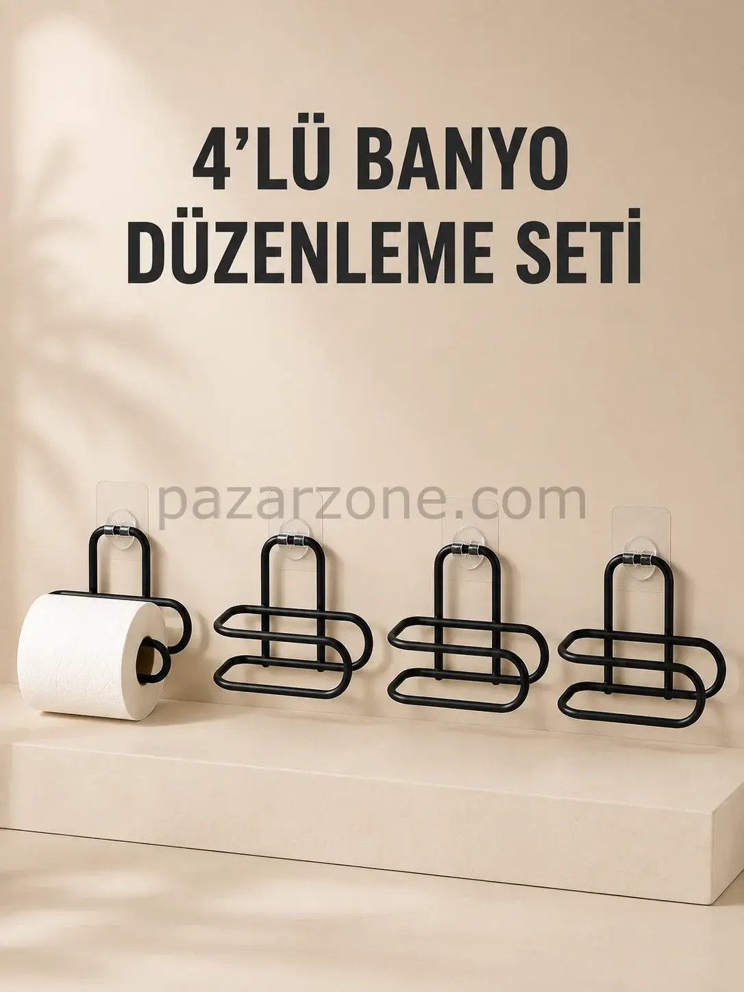 4 Adet Yapışkanlı Tuvalet Kağıdı Askısı Siyah Metal Delmeden Duvara Monte WC Kağıtlık