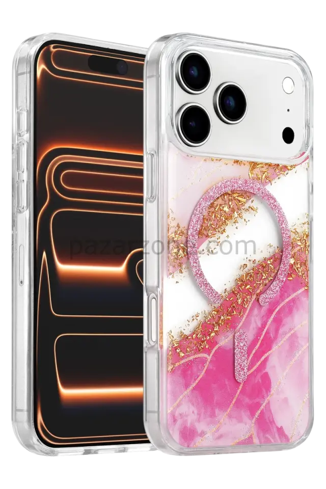 Onegif Apple iPhone 17 Pro Max Lotus Simli Magsafe Kapak - Pembe