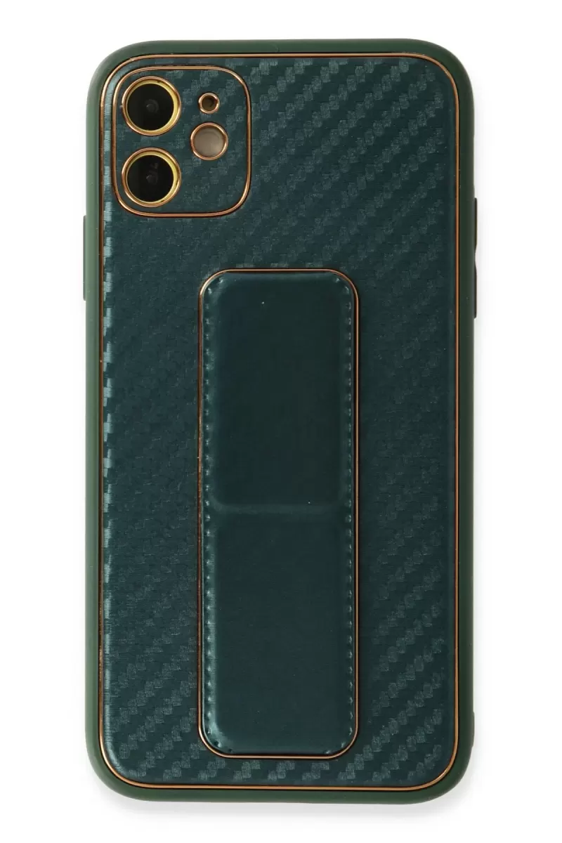 Newface Apple iPhone 12 Kılıf Coco Karbon Standlı Kapak - Yeşil