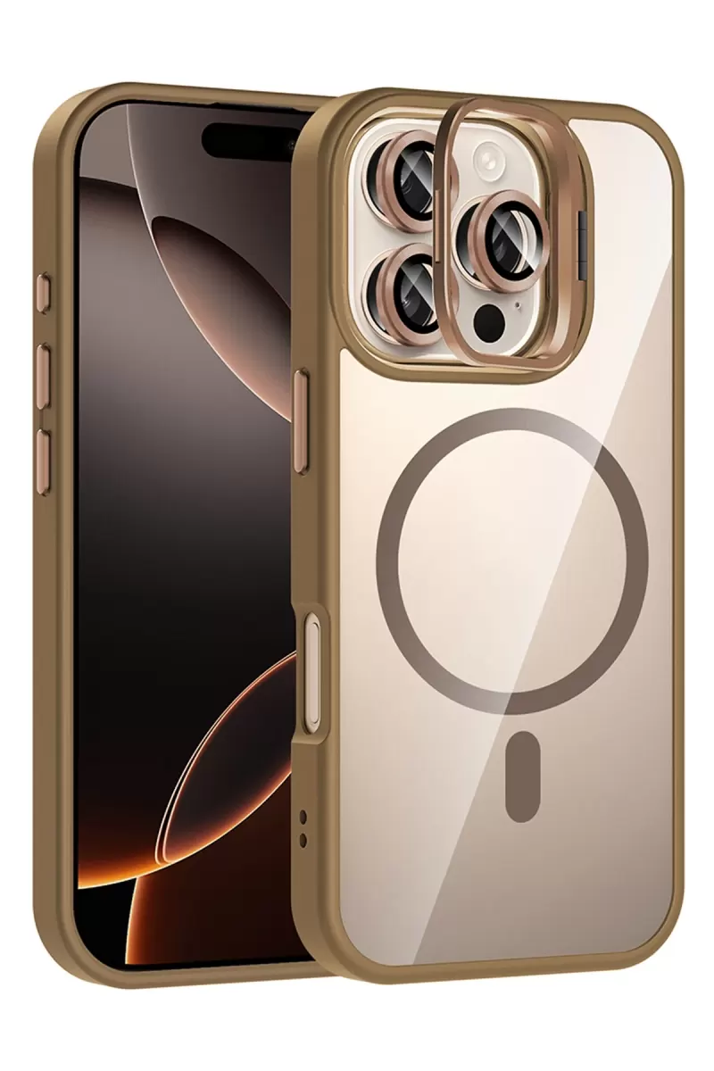 Joko Apple iPhone 16 Pro Remim Lensli Magsafe Standlı Kapak - Kahverengi