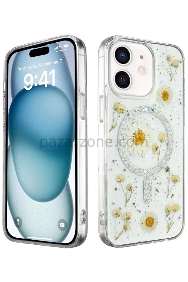 Newface Apple iPhone 12 Kılıf Daisy Simli Magsafe Kapak - Gümüş