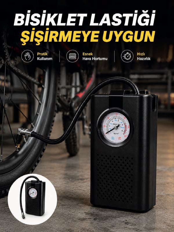 Analog Manometreli Kompakt Araç Hava Pompası Lastik Şişirme Cihazı