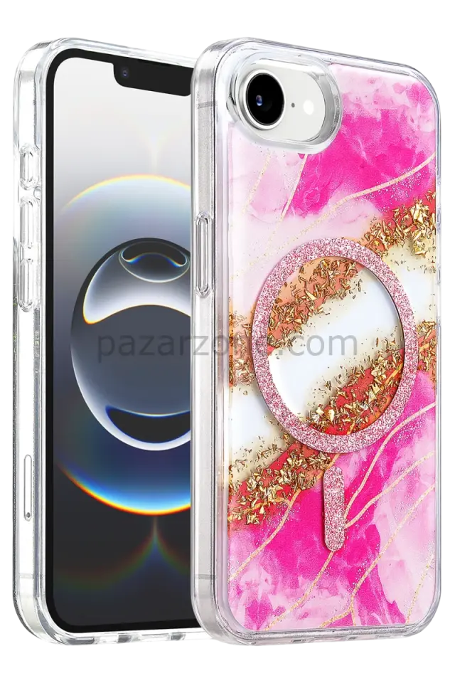 Onegif Apple iPhone 17E Lotus Simli Magsafe Kapak - Pembe
