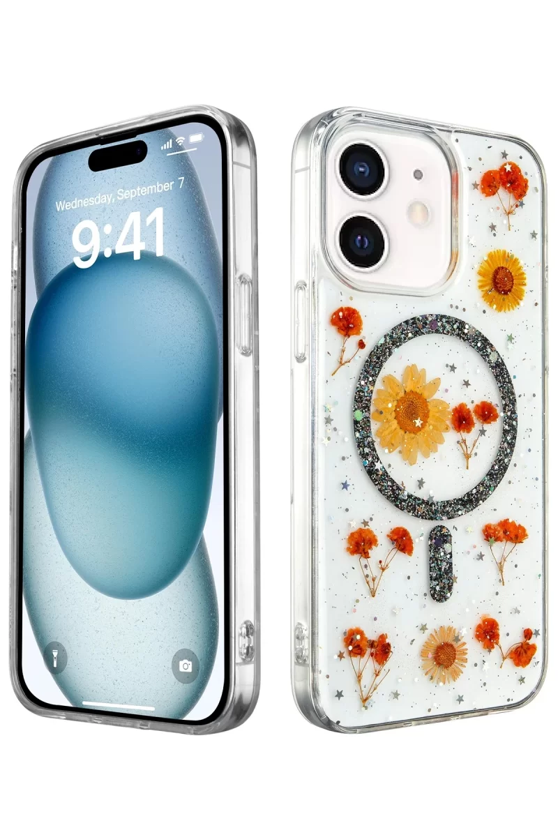 Newface Apple iPhone 12 Kılıf Daisy Simli Magsafe Kapak - Siyah