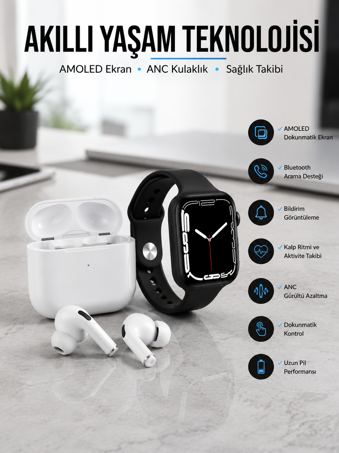 2025 Model Akıllı Saat ve Yeni Nesil Pro Bluetooth Kulaklık TWS Yüksek Ses Kaliteli