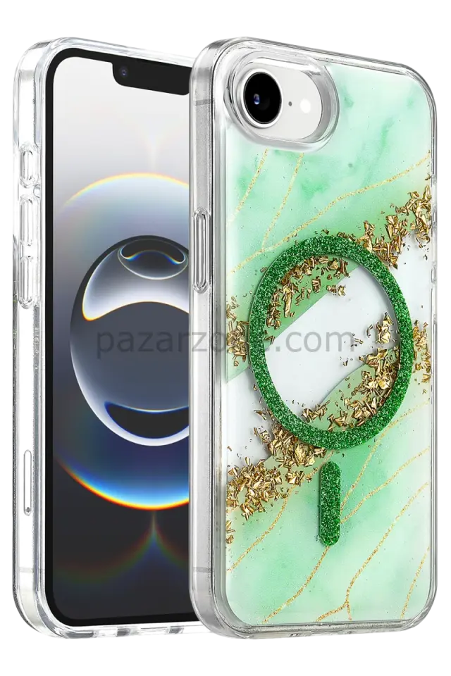Onegif Apple iPhone 17E Lotus Simli Magsafe Kapak - Yeşil