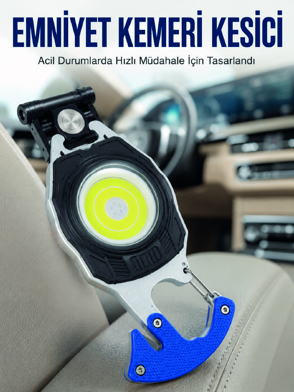 Şarjlı Acil Durum Feneri Elektronik Çakmak Tornavida ve Emniyet Kemeri Kesicili Taşınabilir El Feneri