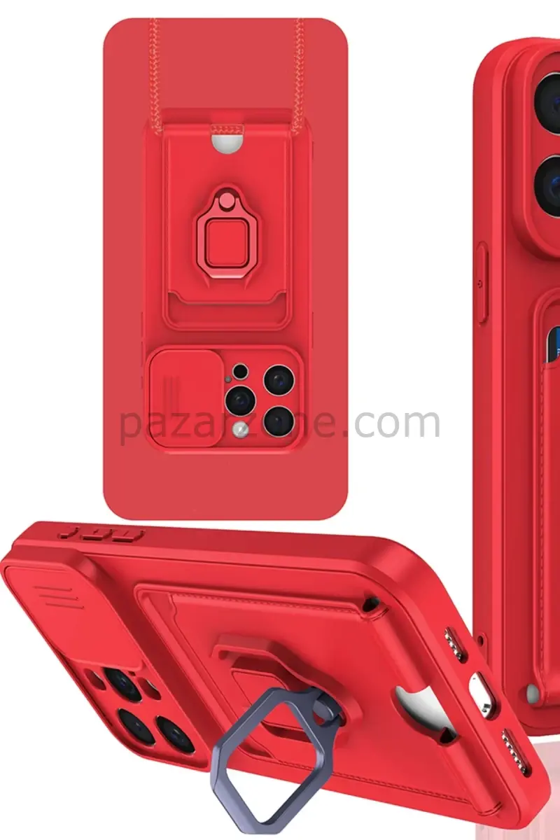 Newface Apple iPhone 15 Pro Max Kılıf Zuma Kartvizitli Yüzüklü Silikon - Kırmızı