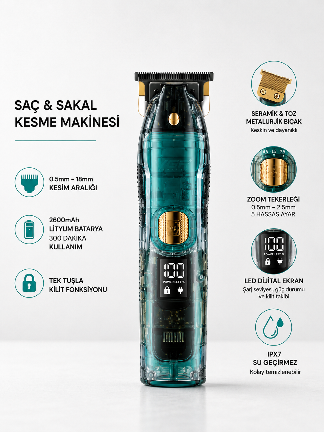 Saç ve Sakal Kesme Makinesi LED Ekranlı Profesyonel 5 Adet Uzunluk Ayarı