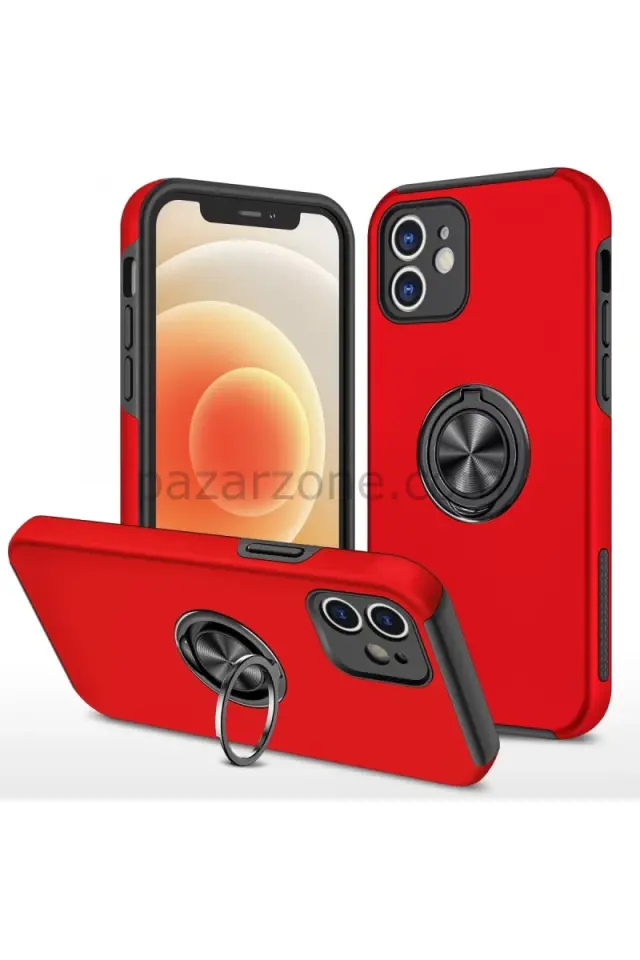 Newface Apple iPhone 12 Kılıf Elit Yüzüklü Kapak - Kırmızı