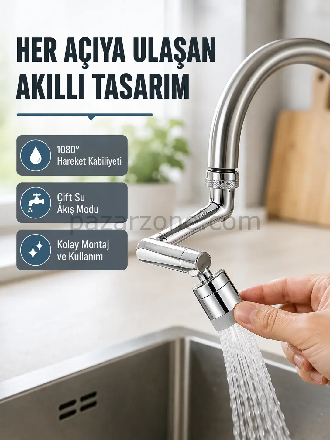 2 Modlu 1080° Dönebilen Musluk Başlığı Esnek 3 Eklemli Hareketli Tasarım