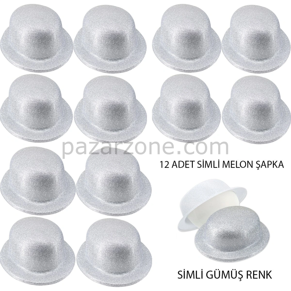 Gümüş Renk Simli Melon Yuvarlak Parti Şapkası 12 Adet
