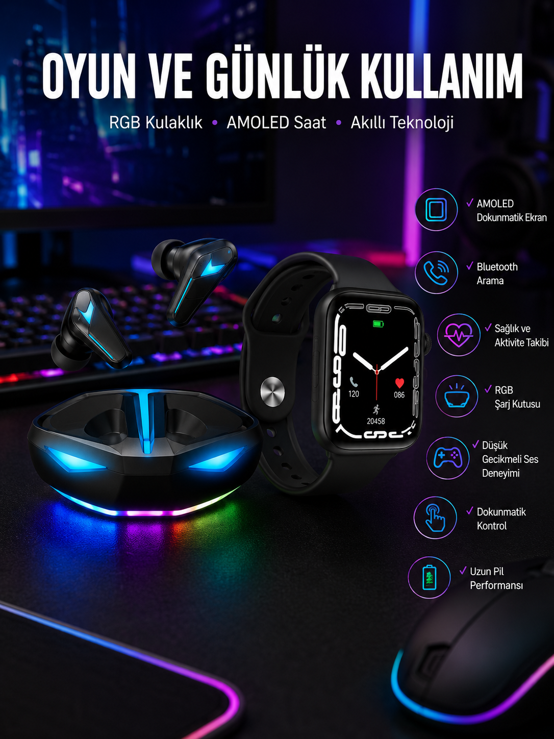 Yeni Nesil Akıllı Saat ve Kablosuz Kulaklık Kampanyası İkili Set Bluetooth Bağlantılı